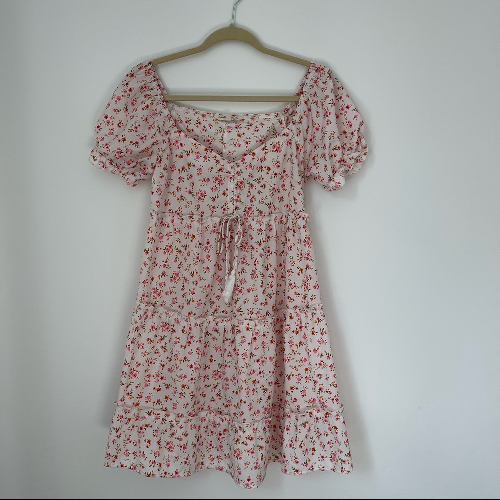 Indulge Instyle White Floral Puffed Sleeve Mini Dress